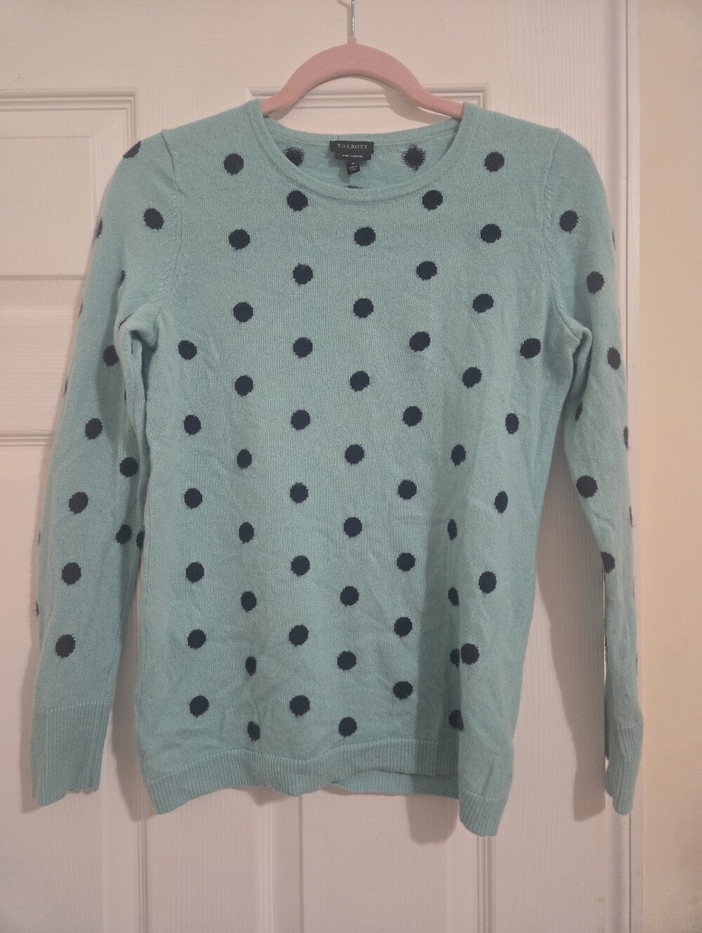 Talbots Mint Green Sweater with Navy Polka Dots